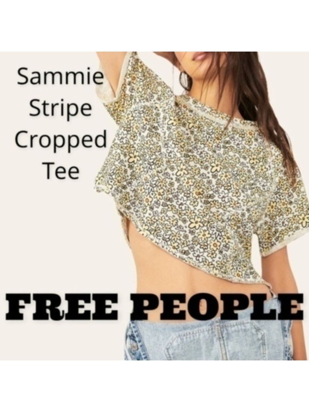 FREE PEOPLE NWT Sammie Stripe Cropped Short Raglan Sleeve Printed COTTON Tee/LG